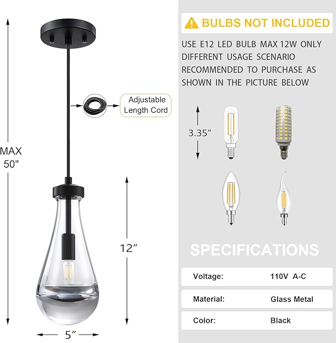 2 Pack 5 Inch Hanging Raindrop Crystal Glass Kitchen Island Modern Concise Pendant Ceiling Light Fixture,Black Finish for Kitchen Island Dining Room Bedroom Hallway,UL Listed