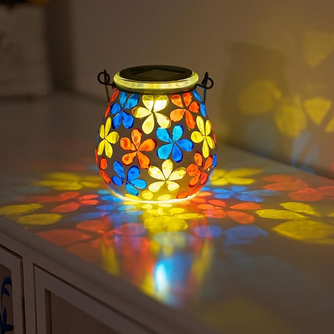 Stargarden Mosaic Solar Lanterns, Glass Hanging Lantern Waterproof Outdoor Haning Lights Flower Decorative Table Lamp for Garden ,Patio,Yard Decor