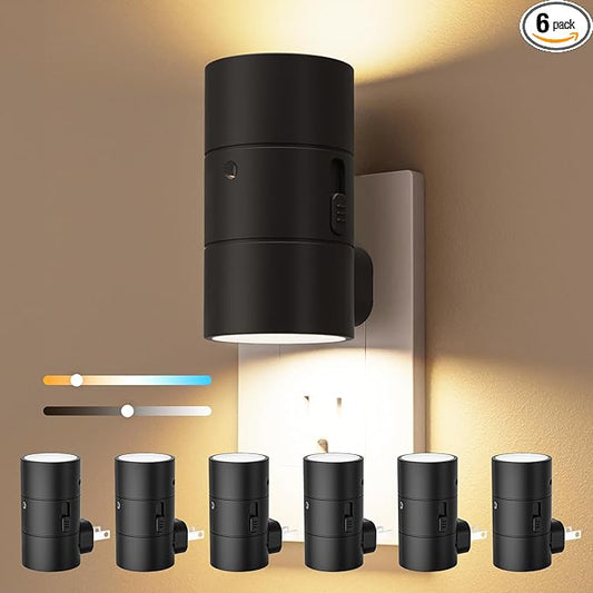 VOLISUN Night Lights Plug into Wall, Dimmable LED Nightlight with Dusk to Dawn Light Sensor, 0-100LM Adjustable Brightness, 3 Color Temperatures, Compact Size Black 6 Pack for Hallway,Bedroom,Bathroom