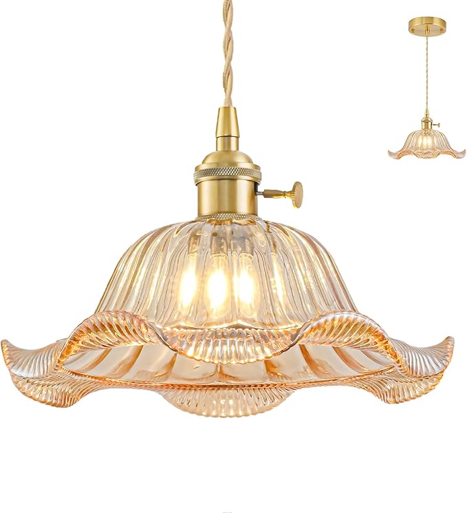 Vintage Pendant Lights Kitchen Island, Adjustable Brass Pendant Light Fixtures with Amber Lily Glass Lampshade, Gold Kitchen Pendant Lighting Over Island, Pendant Light for Dining Room Hallway