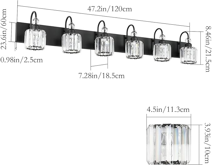 Ralbay Modern 6-Light Black Crystal Vanity Lights for Bathroom - Matte Black Crystal Wall Light Fixtures