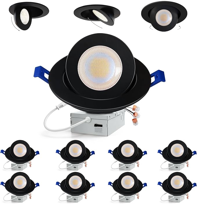 Adetu 6 inch 5CCT Gimbal Black Led Recessed Lights, 360°+90° Adjustable Directional Recessed Lighting, 2700K/3000K/3500K/4000K/5000K Dimmable Eyeball Canless Downlight with Jbox, ETL(Black,8 Pack)