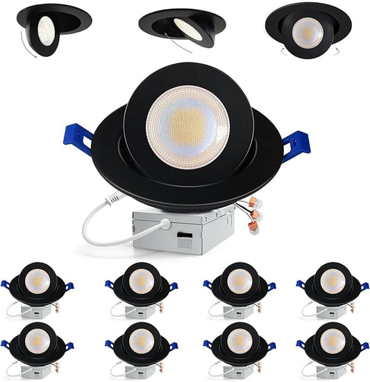 Adetu 6 inch 5CCT Gimbal Black Led Recessed Lights, 360°+90° Adjustable Directional Recessed Lighting, 2700K/3000K/3500K/4000K/5000K Dimmable Eyeball Canless Downlight with Jbox, ETL(Black,8 Pack)