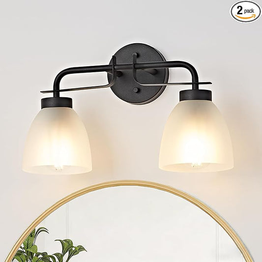 16 Inch Mid-Century Modern Vanity Lights, 2-Light Black Bathroom Light Fixture with Frosted White Bell Shades, Industrial Wall Sconce for Mirror Over Vanity, Bedroom, Hallway (2 Pack)