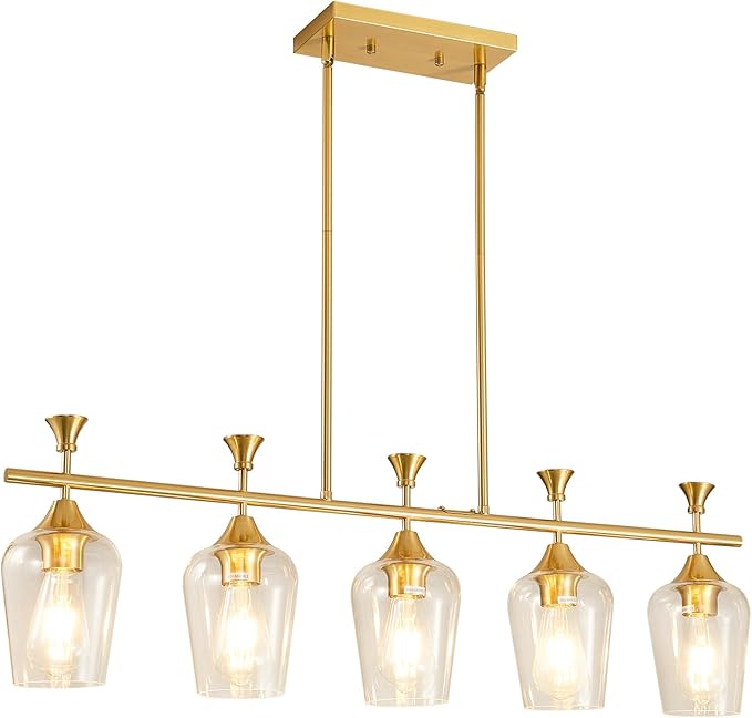 37" Dining Room Light Fixture/Chandelier Over Table, 5-Light Brushed Gold Kitchen Island Lighting with Clear Glass Shade, Modern Hanging Pendant Lights Fixture for Kitchen Island, Dining Room, Bar