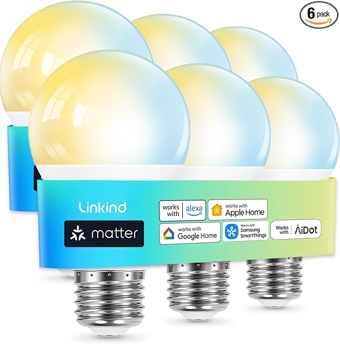 Linkind Matter Smart Light Bulb, Tunable Soft White to Daylight, Compatible with Alexa/Apple Home/Google Home, 2.4GHz Wi-Fi, 800LM 60W Equivalent, A19 E26 6-Pack