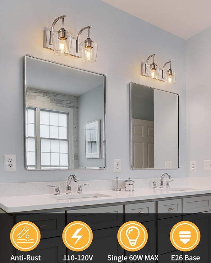 Brushed Nickel Bathroom Light Fixtures Bathroom Vanity Light with Clear Glass Shade, 2-Light Modern Wall Lights for Bedroom Hallway Living Room (E26 Base)