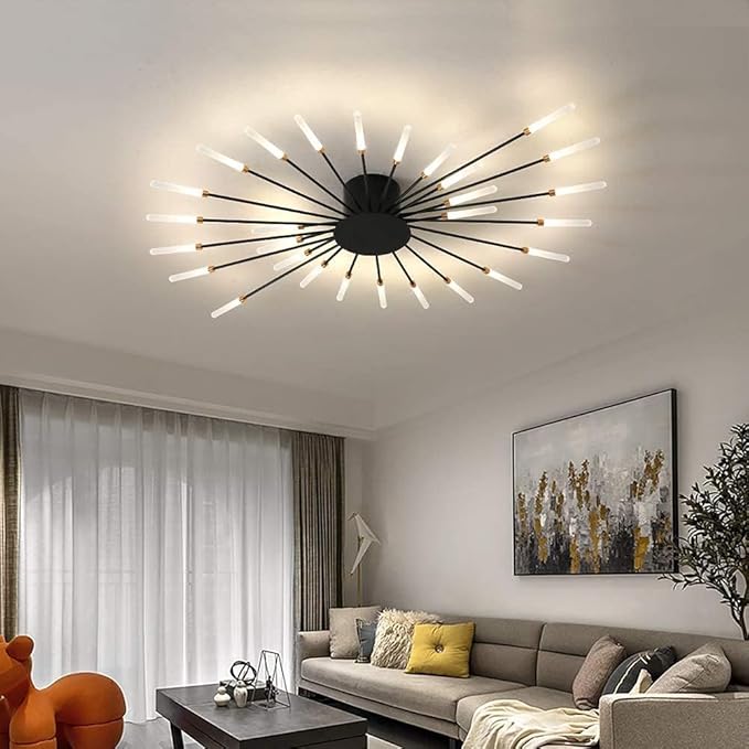 JAYMP 41.3" Ceiling Light Modern Flower Shape Ceiling Lamp for Dining Room Kitchen Hallway Flush Mount Metal Acrylic Sputnik Firework Petal LED Lighting Fixture (Matte Black, 28 Lights)