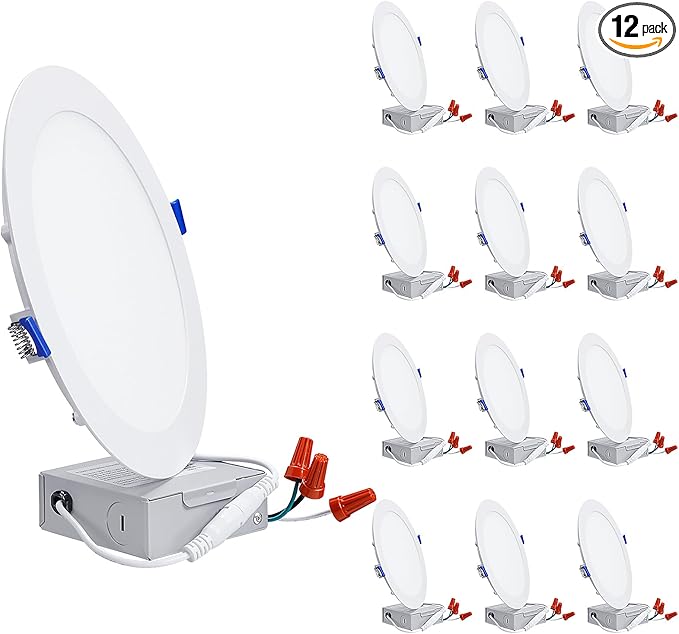 TORCHSTAR Basic Series 12-Pack 8 Inch Ultra-Thin LED Recessed Lighting with Junction Box, Aluminum, 3000K Warm White, 5%-100% Dimmable Slim Recessed Downlight, 18W 1440LM, ETL and Energy Star