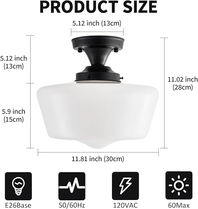 youngrender Black Schoolhouse Light Fixture, 12" Milk Glass Flush Mount Ceiling Light, Black Semi Flush Mount Ceiling Light for Farmhouse Kitchen Hallway Entryway