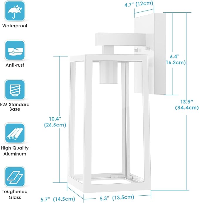 MAXvolador Outdoor Wall Sconce, Large Exterior Waterproof Wall Lantern Light Fixture, White Porch Lights Glass, Anti-Rust E26 Patio Lighting, 2 Pack