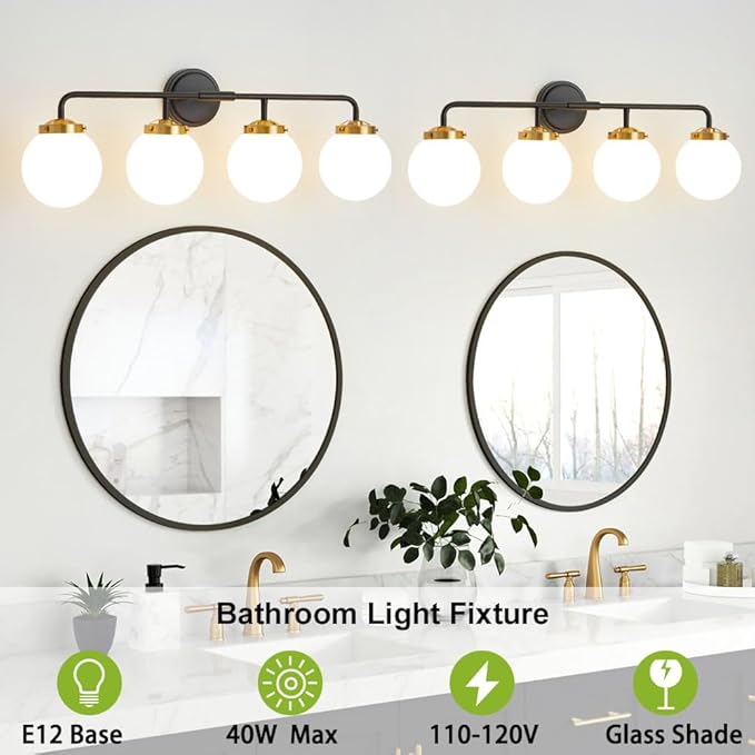 Black Gold Bathroom Light Fixtures Above Mirror, Modern Vanity Lighting with White Glass Globe Shade 4-Light Farmhouse Wall Sconce