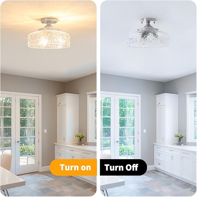 Brushed Nickel Semi Flush Mount Ceiling Light, 3-Light Close to Ceiling Light, Flush Mount Ceiling Lighting with Globe Glass, Farmhouse Closet Fixtures for Hallway Bedroom Entryway Kitchen Porch,E12