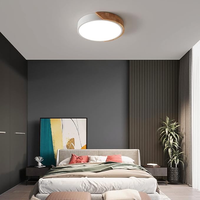 Flush Mount Ceiling Light, Ceiling Light Fixture Minimalist Wood 30W, Dimmable 3000K/4000K/6500K with Remote, 15.7 inch Modern Light Fixture Ceiling for Kitchen Bedroom Hallway Living Room