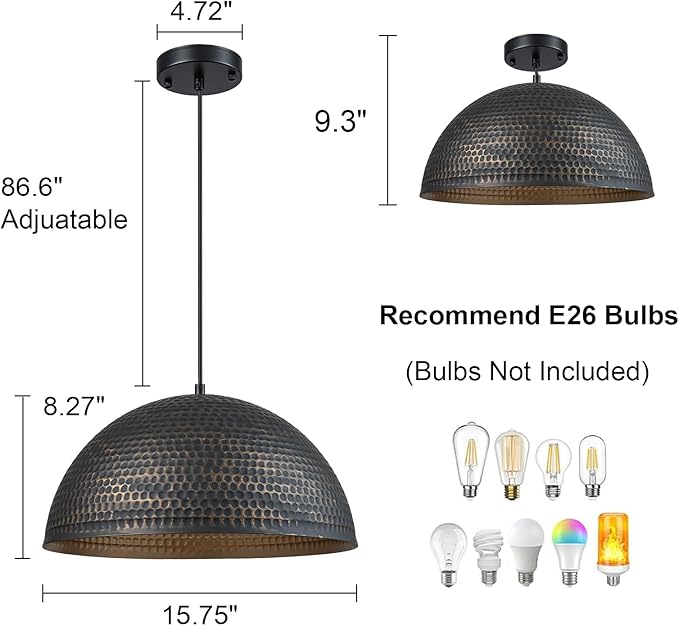 15.7 in. Black and Gold Hammered Pendant Light Fixtures, Industrial Metal Dome Shade, Pendant Lights Kitchen Island, Pendant Light for Kitchen Island and Dining Room