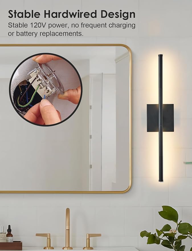 KARTOOSH 20.4 Inch Hardwired Wall Sconces Set of Two, 3000K Warm White Dimmable Modern Wall Sconces, 350° Rotate LED Light Fixtures Wall Lamp for Bathroom Living Room Bedroom Bedside, Black