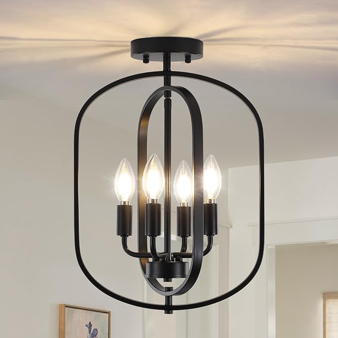 Black Flush Mount Ceiling Light, 4-Light Semi Flush Mount Ceiling Lights Kitchen Lighting Fixtures Industrial Modern Farmhouse Chandelier for Dining Room Foyer Hallway Entryway
