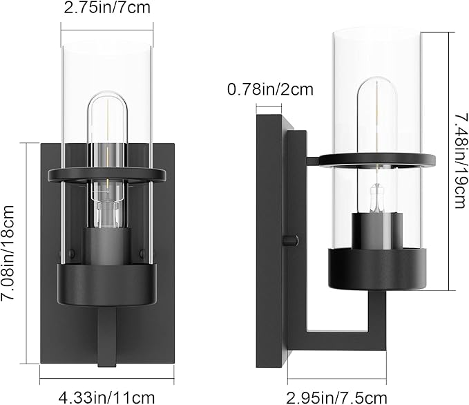 Tipace Black Wall Light Fixtures,Industrial Wall Sconces Clear Glass Wall Mount Sconce,Wall Lamp for Living Room Bedroom Hallway(Bulb not Include)