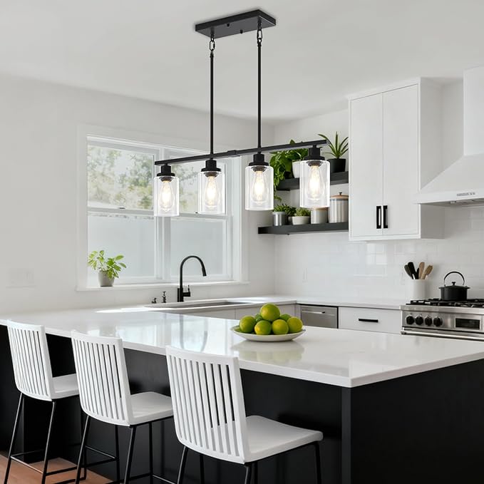 Modern Island Lights for Kitchen Black Dining Room Light Fixtures Over Table 4-Light Farmhouse Linear Chandelier Adjustable Hanging Kitchen Lights Ceiling Clear Glass Pendant Lighting Over Island