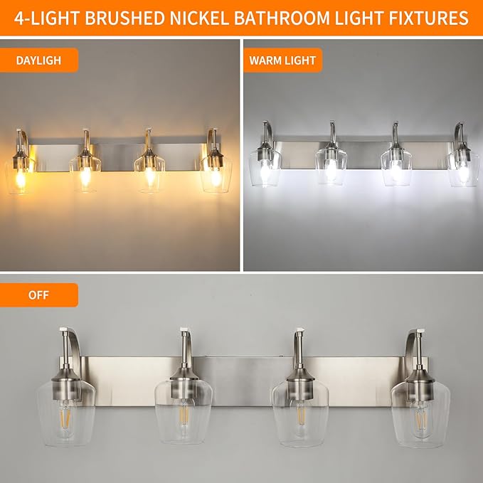 4-Light Brushed Nickel Vanity Light with Clear Glass Shade, 33.07'' Modern Wall Lights for Bathroom, Bedroom, Hallway, Living Room (E26 Base)