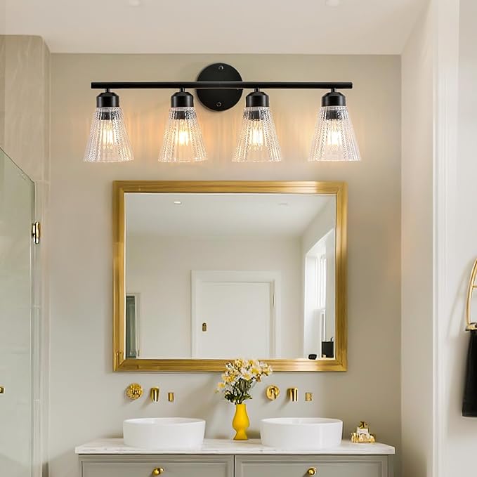 4-Light Bathroom Vanity Light, Matte Black Bathroom Light Fixtures Over Mirror with Stripe Glass, Modern Wall Lamp, Black Wall Sconces for Living Room Bedroom Kitchen Hallway