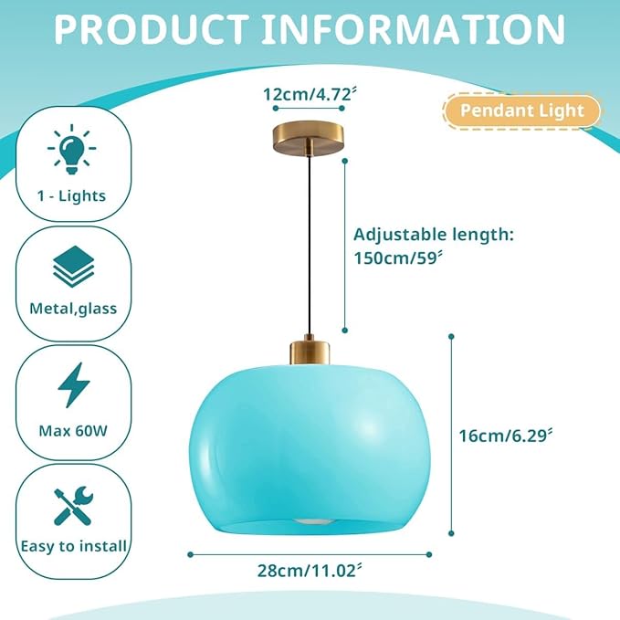 Globe Pendant Lighting Milk Glass Pendant Light Kitchen Island Hand Blown 1-Light 11-inch Dome Shade Gold Adjustable Mid Century Hanging Lamp for Farmhouse Dining Room (2-Pack, Blue)