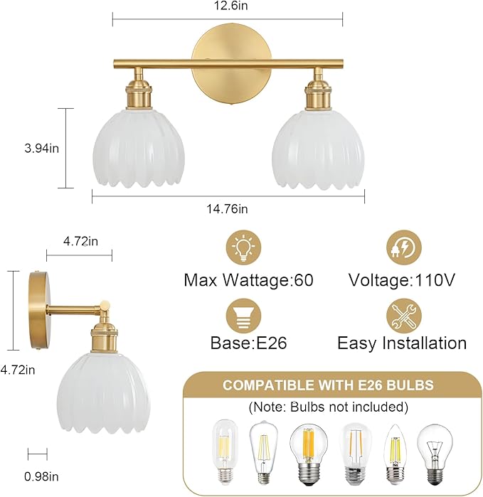 Gold Bathroom Light Fixtures Over Mirror, 2 Light Bathroom Vanity Light Fixture with Tulip Milk White Glass Lampshade, Vintage Vanity Lights for Bathroom, Bathroom Vanity Lights Over Mirror