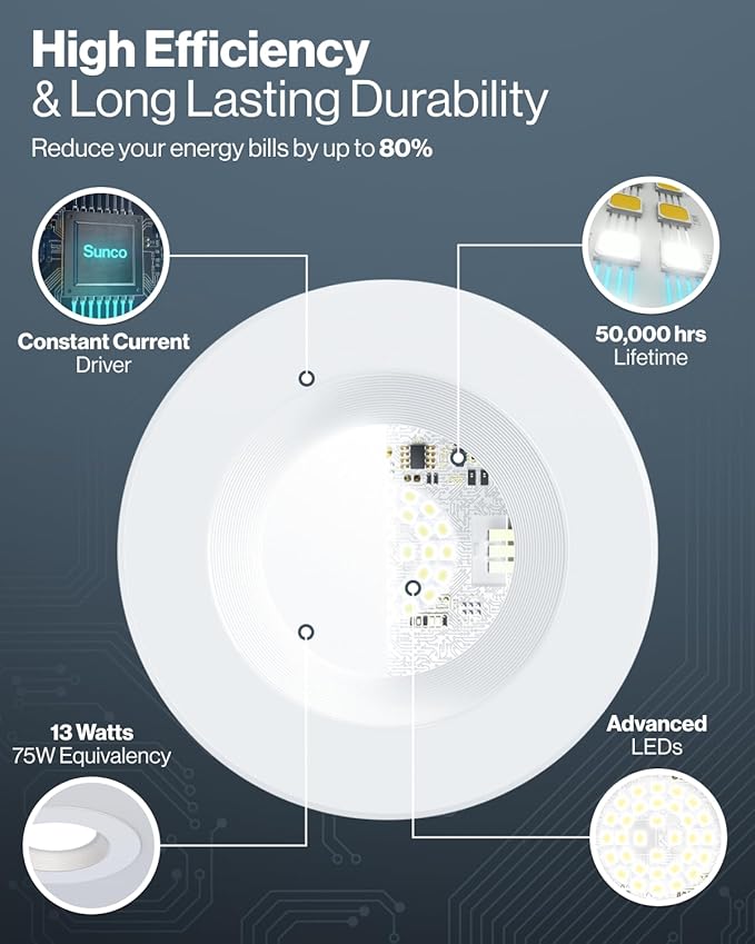 Sunco 6 Inch LED Recessed Light, Retrofit Downlight Can Lights for Ceiling, Baffle Trim, 1050 LM, 13W (75W Equivalent), 5000K Daylight, Dimmable, Damp Rated UL 4 Pack