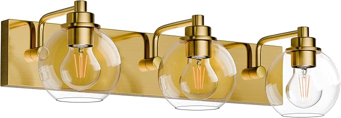 Espird 3 Light Bathroom Light Fixtures-Brushed Gold Bathroom Vanity Lights, Modern Vanity Lights 3-Light Bathroom Lighting Fixtures Over Mirror with Clear Glass Globe Shade