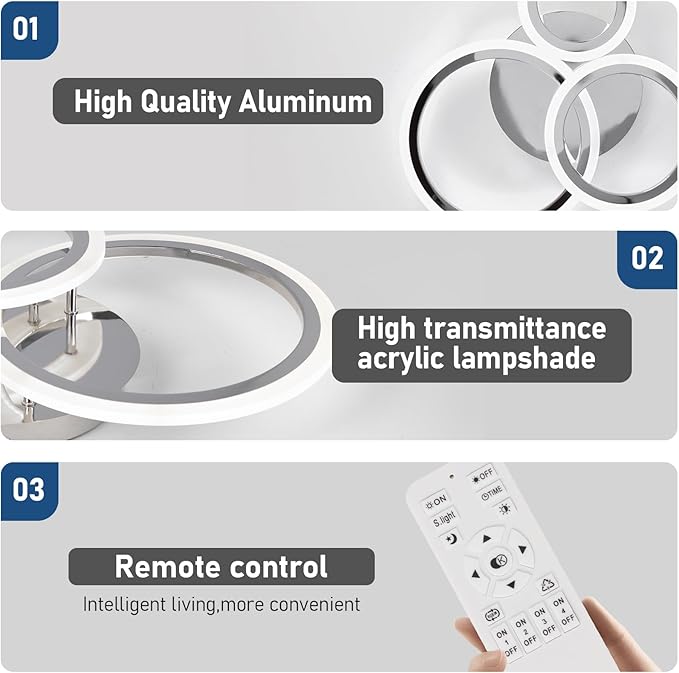 Dimmable Modern Led Ceiling Light 3 Rings Dimming Circle Modern Living Room Light Fixture Chrome Acrylic Flush Mount Ceiling Light with Remote for Bedroom Bathroom Kitchen Balcony Corridor
