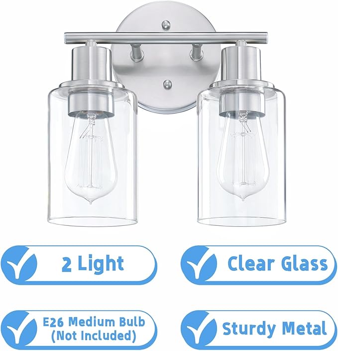 WISBEAM 2-Light Bathroom Vanity Light, Brushed Nickel Bathroom Light Fixtures Over Mirror with Clear Glass Shade Including E26 Medium Base, Bulb NOT Included