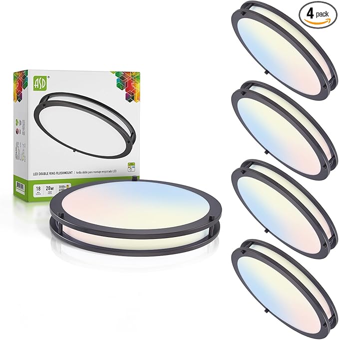 ASD LED 18" Round Flush Mount Lighting, Close to Ceiling Light Fixture | 3CCT, Dimmable, Energy Star, ETL Listed | 28W 2230LM 3000-5000K 120V | Low Profile Double Ring Lamp | Black, 4 Pack