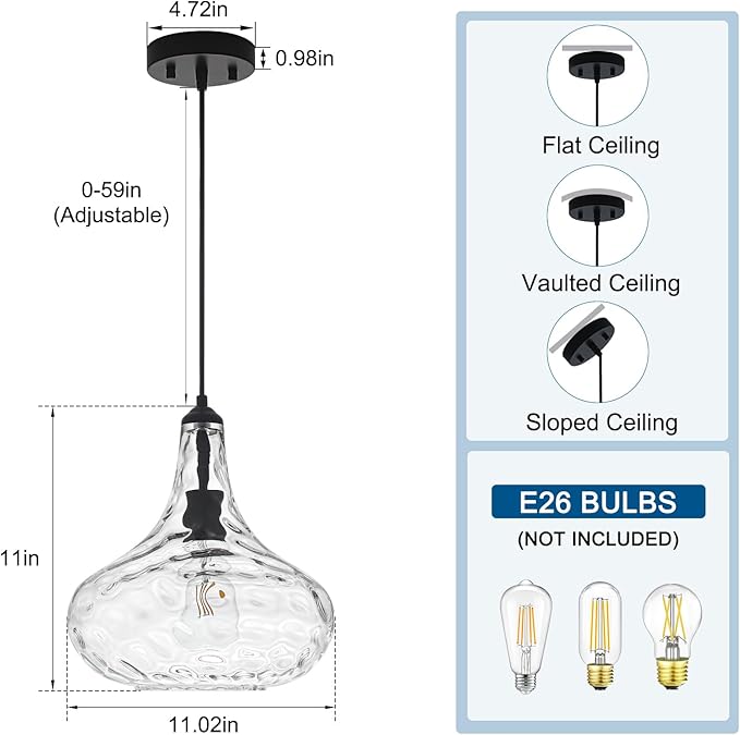 11" Large Glass Pendant Lights for Kitchen Island,Blown Glass Pendant Light Fixture,1 Light Black Farmhouse Hanging Light for Hallway,Bedroom, Living Room Tall 14 inch