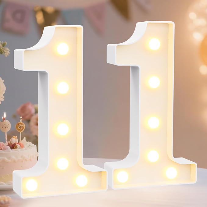 Pooqla Decorative LED Light Up Number Letters, White Plastic Marquee Number Lights Sign for Birthday Party Wedding Decor, Battery Operated (11)
