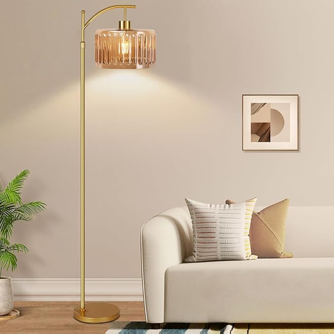 QIYIZM Glass Floor Lamp for Living Room,Bedroom,Gold Dimmable Standing Lamp with Remote,Mid Century Modern Brass Tall Lamp Boho Vintage Retro Floor Lamps Arc Amber Flower Floor Light Lamp Bohemian