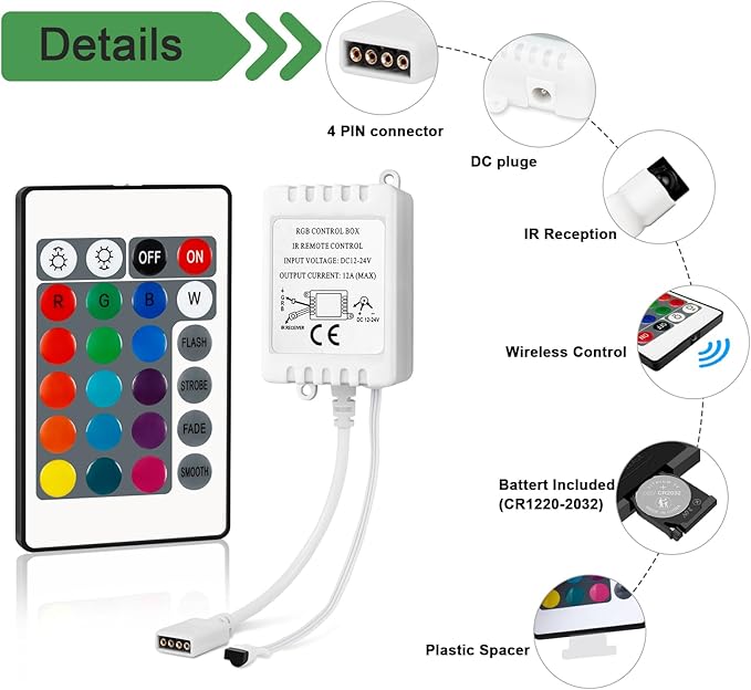 RGB LED Light Strip Remote Controller, Dimmer for RGB LED Strip Lights, 24 Key Wireless IR Remote Controller for SMD 5050 3528 Rope Lights