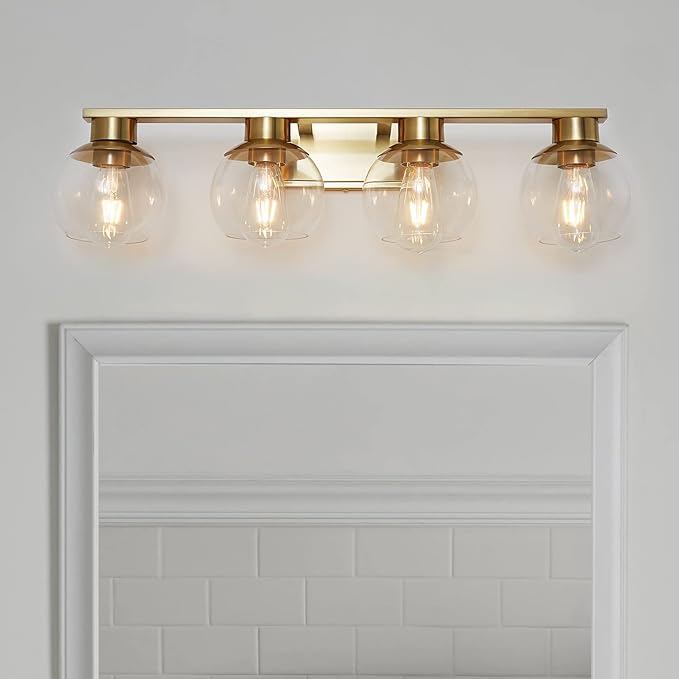 PAZALA Brushed Brass Bathroom Light Fixtures Over Mirror 4-Lights Vanity Light Wall Sconce with Globe Glass Shade, E26 Base, Perfect for Hallway Picture Wall Lighting Bathroom Bedroom Living Room