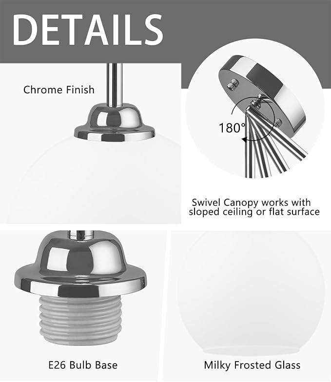 Modern Pendant Light Fixtures 2 Pack, Chrome Pendant Lights with Frosted Glass Shade,Pendant Lights Kitchen Island, Kitchen Pendant Lighting Over Island, Hanging Lights for Kitchen