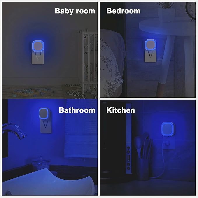 YUNLEX 4 Pack Plug in Blue Night Light, Dusk to Dawn Sensor, LED Nightlight for Mood Lighting, Glare-Free Reflected Light, Dimmable, Auto On/Off Light for Bathroom, Hallway, Gaming Room, Home Decor