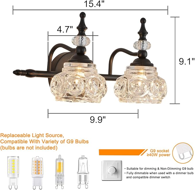 Bathroom Vanity Light Fixtures, 2-Light Vintage Crystal Wall Lights, Painted Black Surface, Thick Crystal Glass Shade, Vintage Wall Sconce for Bathroom, Bedroom, Living Room
