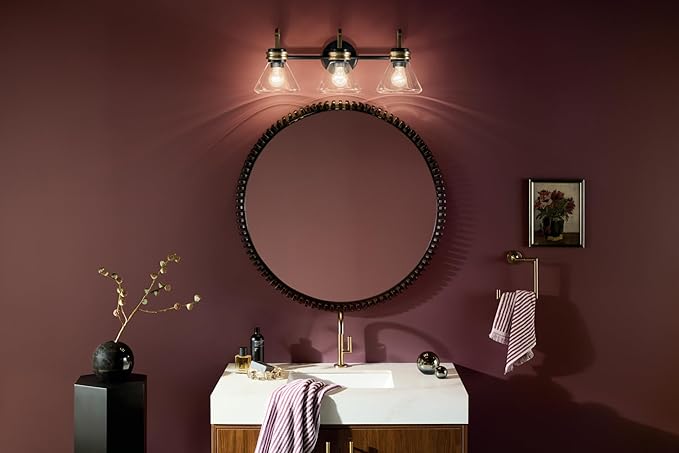 Kichler Farum 26" 3-Light Bathroom Vanity Light Fixture with Clear Glass in Black, Modern Wall Mount Over Mirror for Single or Double Vanity, Powder Room (26" x 9.5" x 9.5"), 55155BKCLR