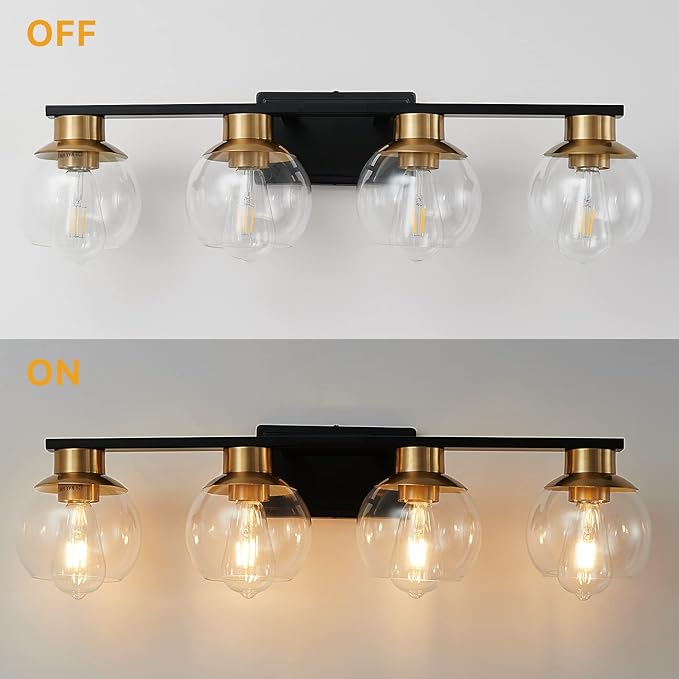 PAZALA Black Gold Bathroom Light Fixtures Over Mirror 4-Lights Vanity Light Wall Sconce with Globe Glass Shade, E26 Base, Perfect for Hallway Picture Wall Lighting Bathroom Bedroom Mirror Living Room