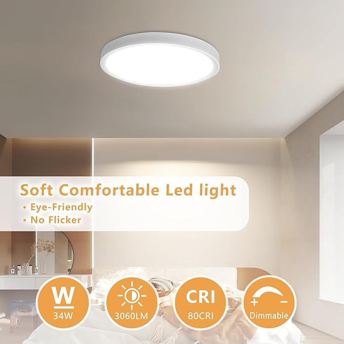 6PK Dimmable 15.8 Inch Led Ceiling Light Flush Mount, 34W, 3060LM, 3000K/3500K/4000K/5000K/6500K CCT, 0.98" Super Slim Close to Ceiling Round Flat Panel Light for Hallway,Kitchen ect, White