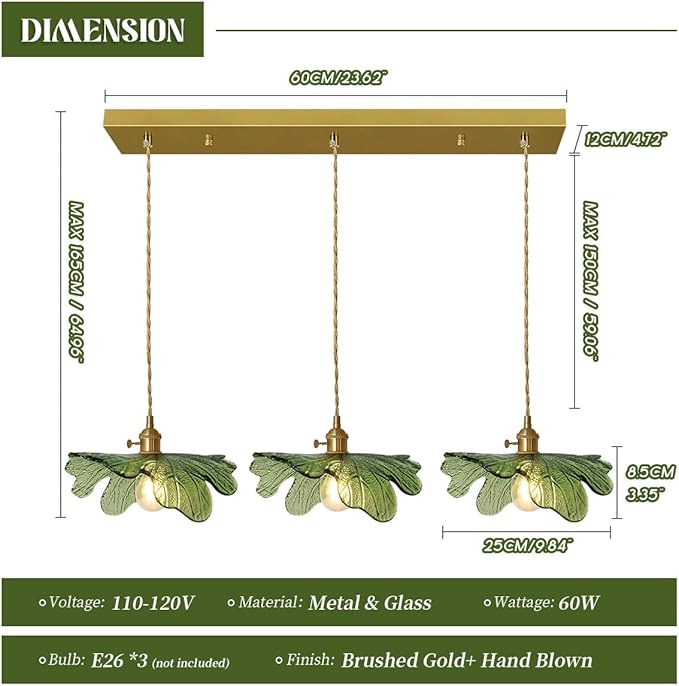 Glass Chandelier for Dining Room Vintage Chandelier Lighting 3-Light Hand Blown Gold Mid Century Modern Pendant Light with Green Glass Shade for Kitchen Island Bedroom Living Room