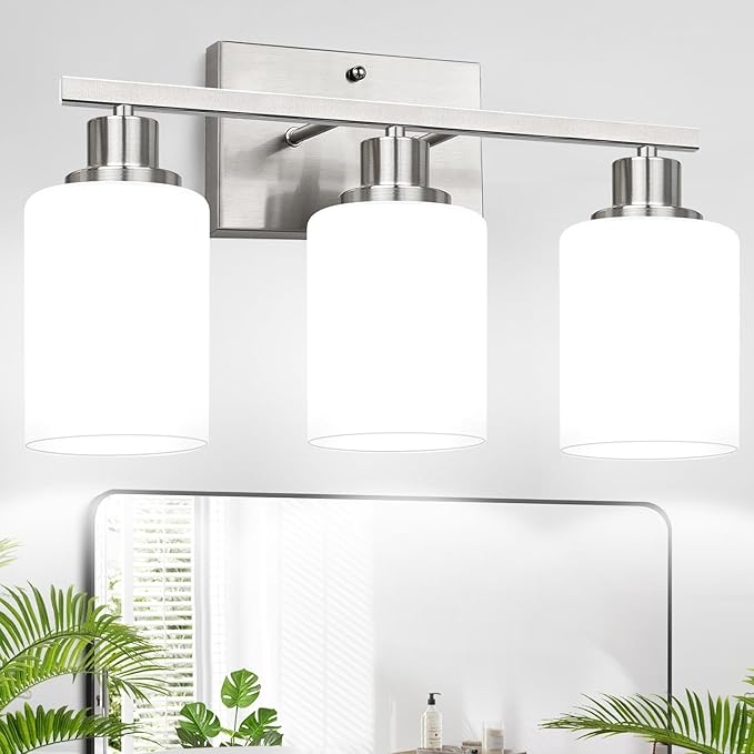 MOKATNG 3-Light Bathroom Light Fixtures, Brushed Nickel Vanity Light with Milky White Shades, Bathroom Lighting Fixtures Over Mirror, Modern Bathroom Wall Lamp for Mirror Living Room Cabinet Bedroom
