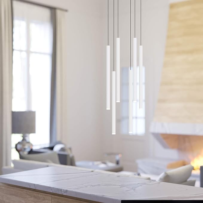 CANALIS 6 Mini Pendant Lighting White - LED Hanging Light Fixture for Kitchen Island, Bar, Foyer - Cluster Pendants - Dimmable, Adjustable Wire, Lamp Bulb Included