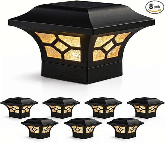 Classy Caps Kingston Solar Post Caps (Set of 8) - Fits 2"x2" 2.5"x2.5" 3"x3" Fence & Deck Posts - Black Cast Aluminum - Warm/Cool Color Modes - Heavy-Duty, Real Glass - Mod. SLZ332B
