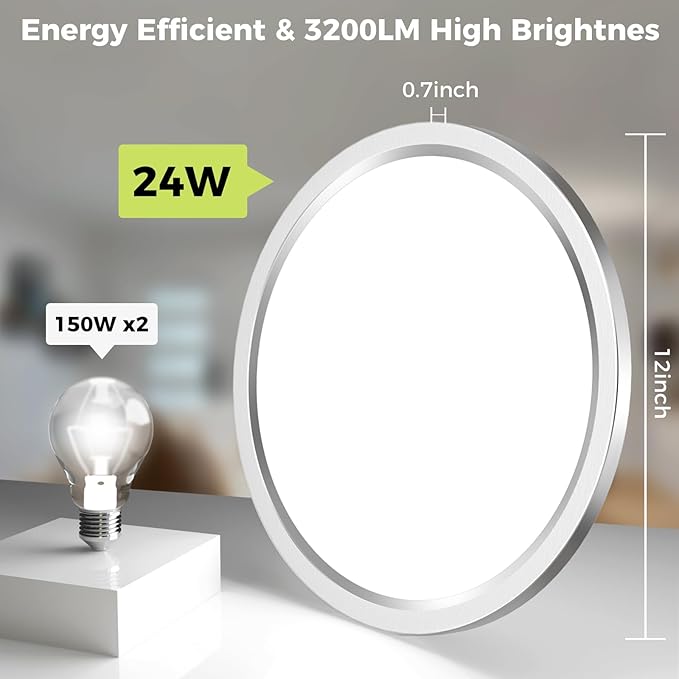 hepside LED Flush Mount Ceiling Light Fixture Brushed Nickel, 12Inch 24W, Dimmable&3000K-6500K Adjustable Low Profile Ceiling Lights, 3200LM Modern Lamp for Kitchen, Bedroom, Porch, Hallway
