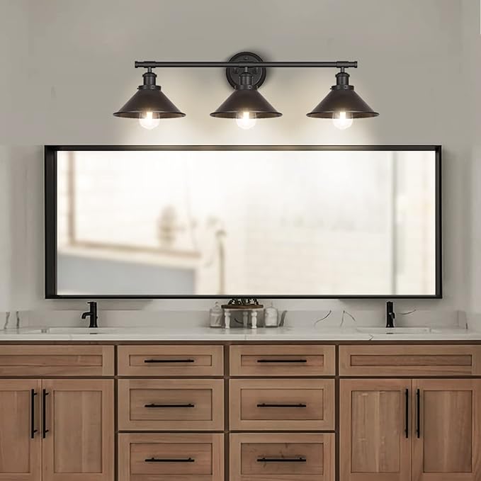 Licperron 3-Light Black Bathroom Vanity Light Fixtures Over Mirror, Farmhouse Vanity Wall Sconce Lighting with Metal Shade, Indoor Wall Mounted Lamp for Bathroom Mirror Cabinet Living Room