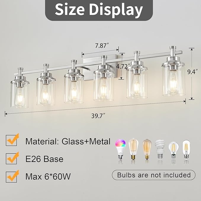 6-Light Bathroom Vanity Light, Brushed Nickel Fixtures Over Mirror, Wall Mount with Clear Glass Shade, Modern Wall Sconce